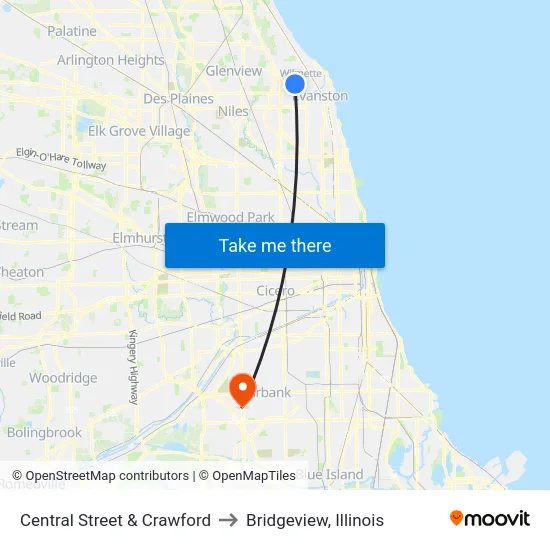 Central Street & Crawford to Bridgeview, Illinois map