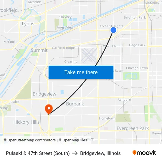 Pulaski & 47th Street (South) to Bridgeview, Illinois map