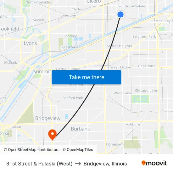 31st Street & Pulaski (West) to Bridgeview, Illinois map