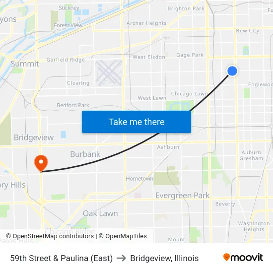 59th Street & Paulina (East) to Bridgeview, Illinois map