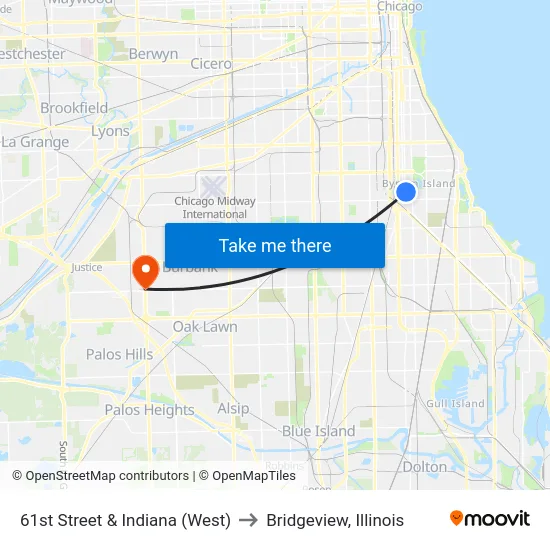 61st Street & Indiana (West) to Bridgeview, Illinois map
