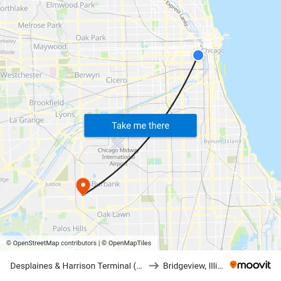 Desplaines & Harrison Terminal (South) to Bridgeview, Illinois map