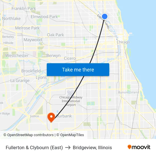 Fullerton & Clybourn (East) to Bridgeview, Illinois map