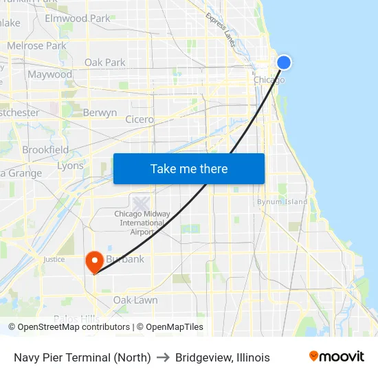 Navy Pier Terminal (North) to Bridgeview, Illinois map