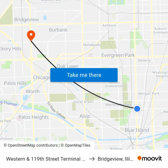 Western & 119th Street Terminal (West) to Bridgeview, Illinois map