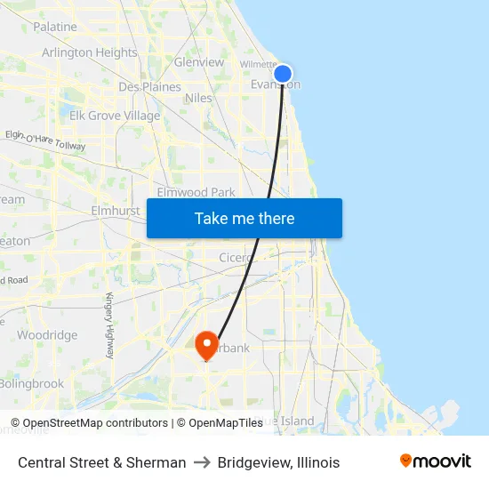 Central Street & Sherman to Bridgeview, Illinois map