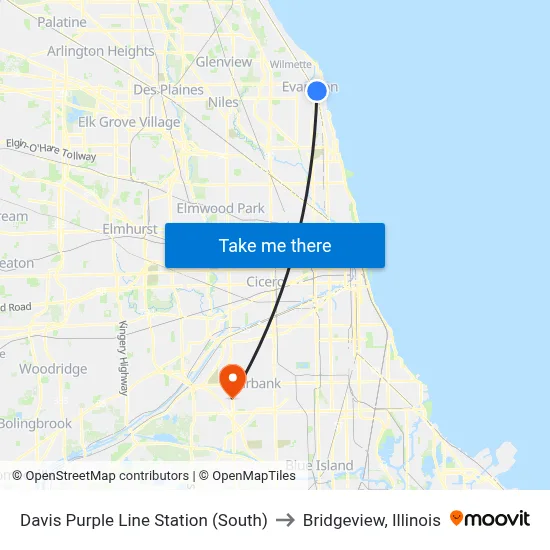 Davis Purple Line Station (South) to Bridgeview, Illinois map