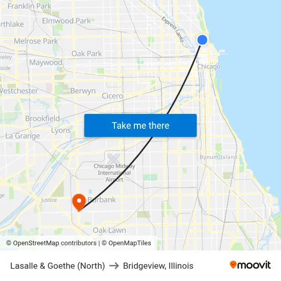 Lasalle & Goethe (North) to Bridgeview, Illinois map