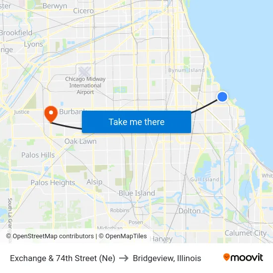 Exchange & 74th Street (Ne) to Bridgeview, Illinois map