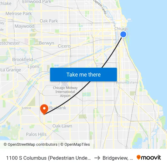 1100 S Columbus (Pedestrian Underpass) (North) to Bridgeview, Illinois map