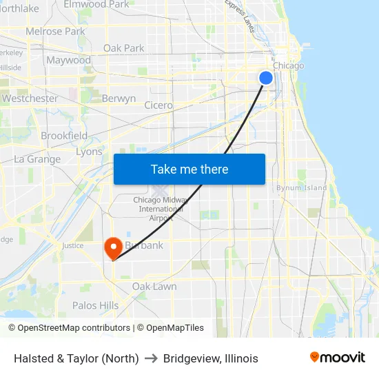 Halsted & Taylor (North) to Bridgeview, Illinois map