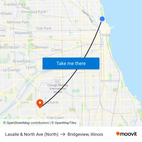 Lasalle & North Ave (North) to Bridgeview, Illinois map