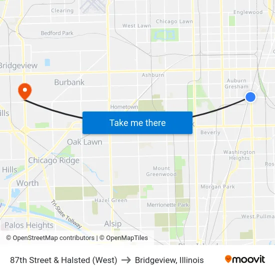 87th Street & Halsted (West) to Bridgeview, Illinois map