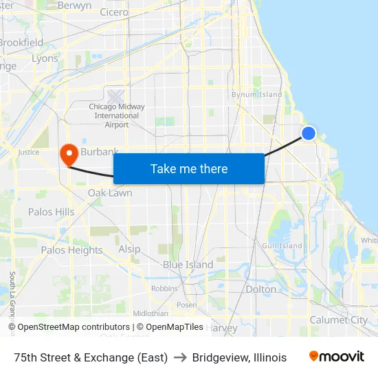 75th Street & Exchange (East) to Bridgeview, Illinois map