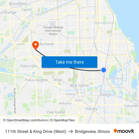 111th Street & King Drive (West) to Bridgeview, Illinois map