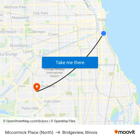 Mccormick Place (North) to Bridgeview, Illinois map