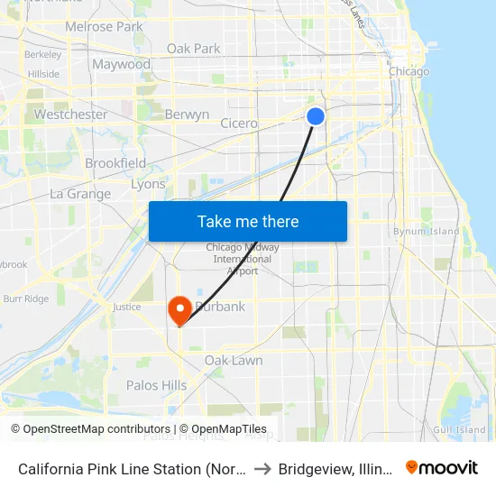 California Pink Line Station (North) to Bridgeview, Illinois map