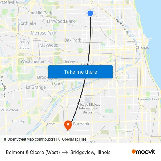 Belmont & Cicero (West) to Bridgeview, Illinois map