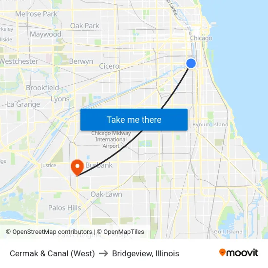 Cermak & Canal (West) to Bridgeview, Illinois map