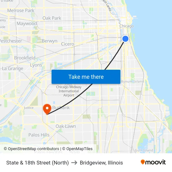 State & 18th Street (North) to Bridgeview, Illinois map