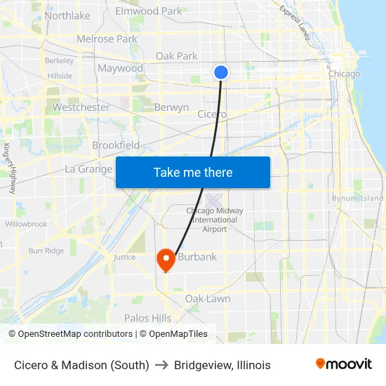 Cicero & Madison (South) to Bridgeview, Illinois map