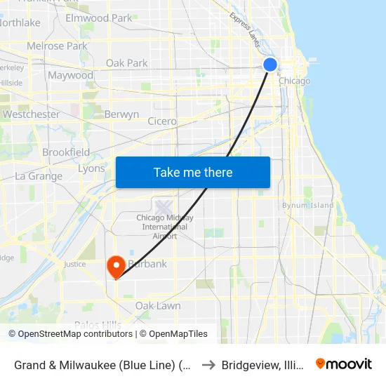 Grand & Milwaukee (Blue Line) (West) to Bridgeview, Illinois map