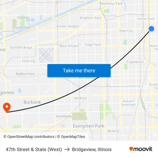 47th Street & State (West) to Bridgeview, Illinois map