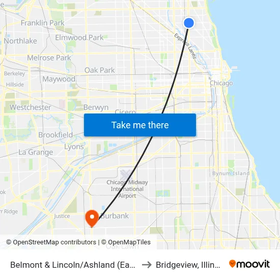 Belmont & Lincoln/Ashland (East) to Bridgeview, Illinois map