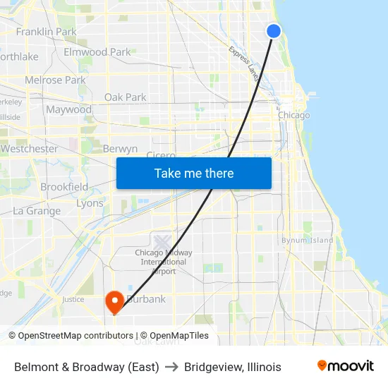 Belmont & Broadway (East) to Bridgeview, Illinois map
