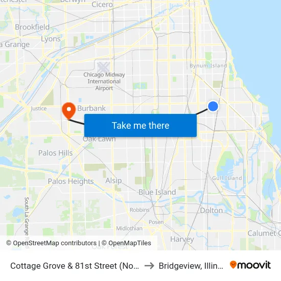 Cottage Grove & 81st Street (North) to Bridgeview, Illinois map