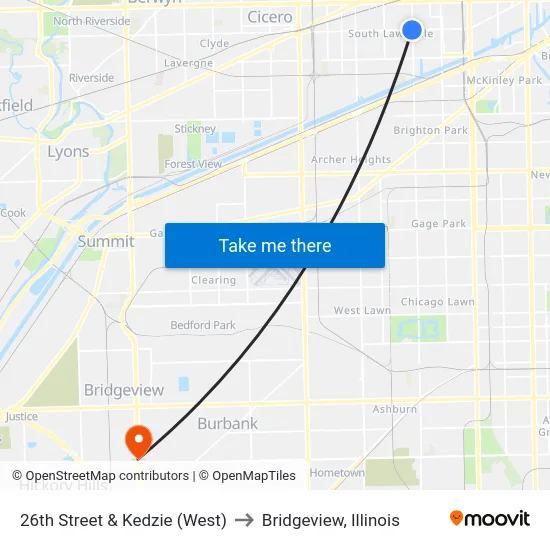 26th Street & Kedzie (West) to Bridgeview, Illinois map