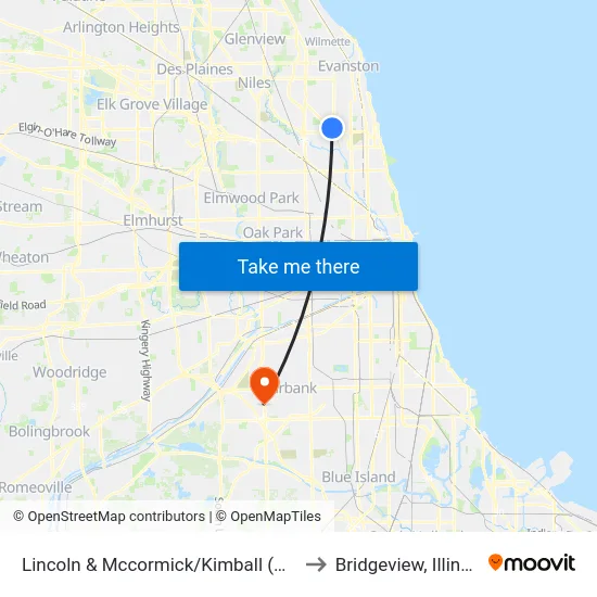 Lincoln & Mccormick/Kimball (Nw) to Bridgeview, Illinois map