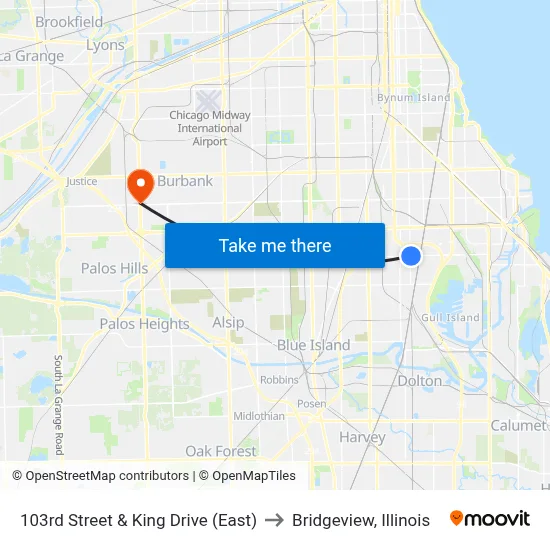 103rd Street & King Drive (East) to Bridgeview, Illinois map
