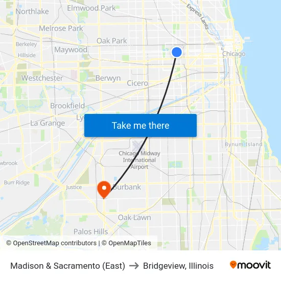 Madison & Sacramento (East) to Bridgeview, Illinois map