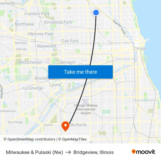 Milwaukee & Pulaski (Nw) to Bridgeview, Illinois map