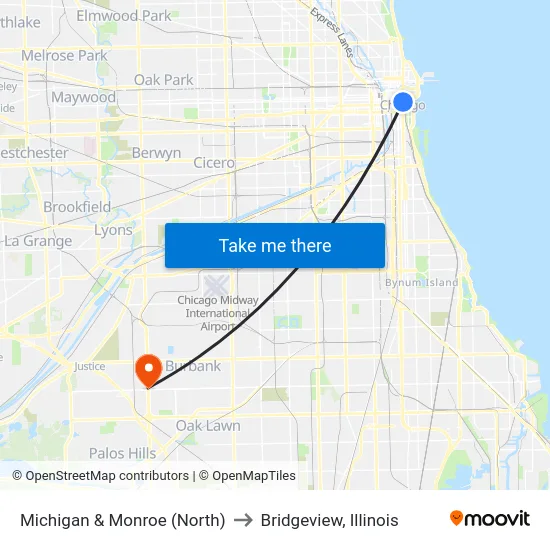 Michigan & Monroe (North) to Bridgeview, Illinois map