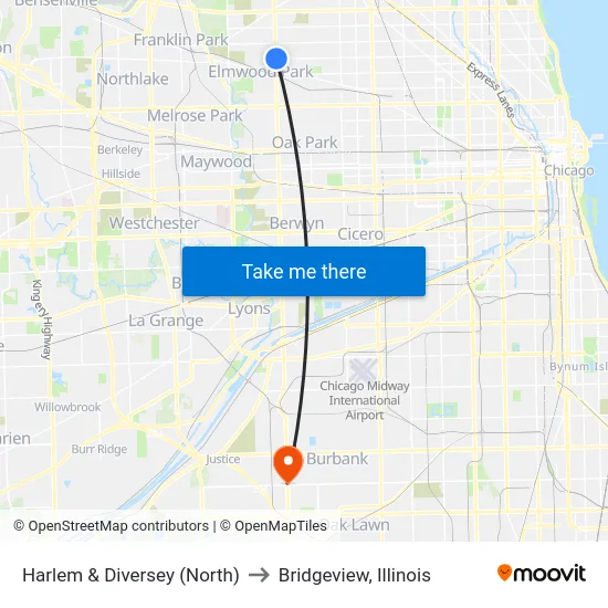 Harlem & Diversey (North) to Bridgeview, Illinois map