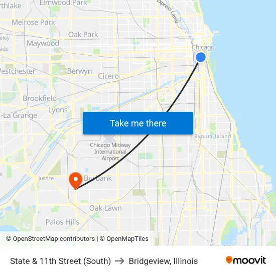 State & 11th Street (South) to Bridgeview, Illinois map