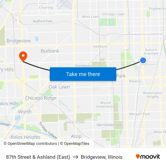 87th Street & Ashland (East) to Bridgeview, Illinois map