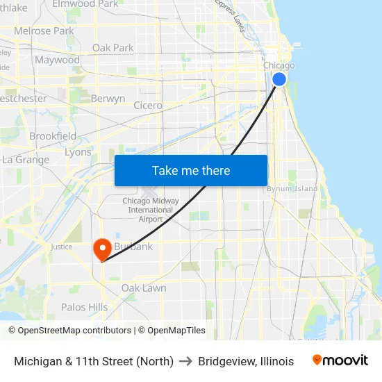 Michigan & 11th Street (North) to Bridgeview, Illinois map