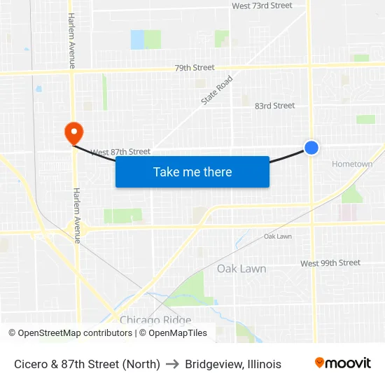 Cicero & 87th Street (North) to Bridgeview, Illinois map