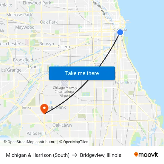 Michigan & Harrison (South) to Bridgeview, Illinois map