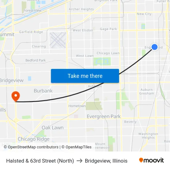 Halsted & 63rd Street (North) to Bridgeview, Illinois map