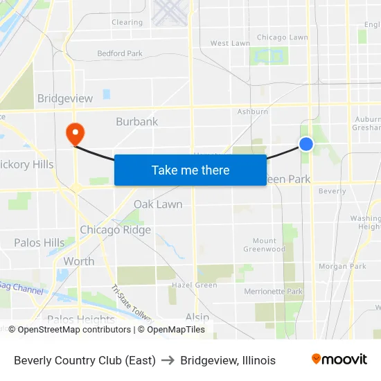Beverly Country Club (East) to Bridgeview, Illinois map
