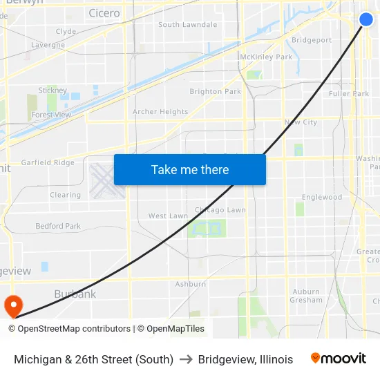 Michigan & 26th Street (South) to Bridgeview, Illinois map