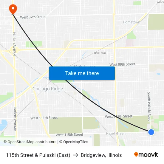 115th Street & Pulaski (East) to Bridgeview, Illinois map