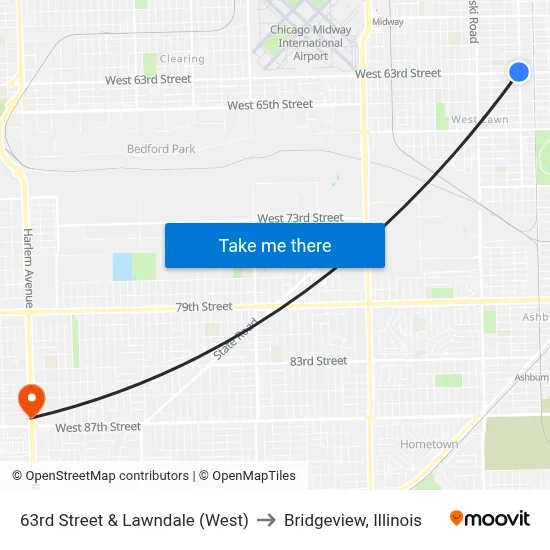 63rd Street & Lawndale (West) to Bridgeview, Illinois map