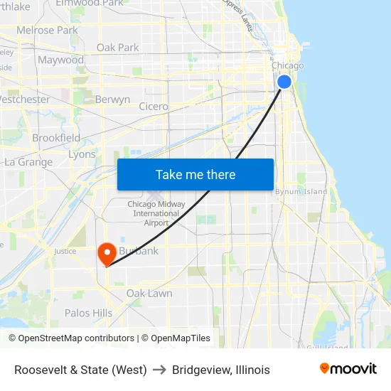 Roosevelt & State (West) to Bridgeview, Illinois map