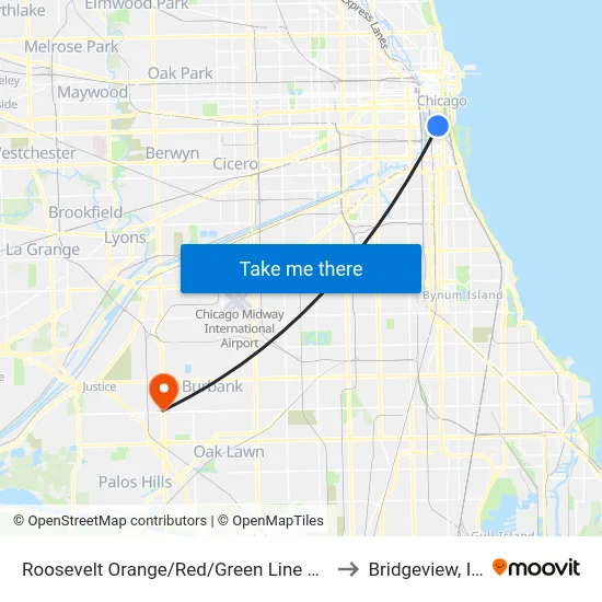 Roosevelt Orange/Red/Green Line Station (West) to Bridgeview, Illinois map