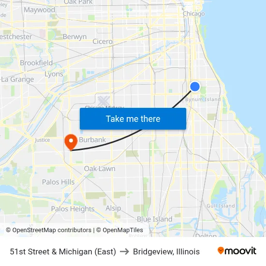 51st Street & Michigan (East) to Bridgeview, Illinois map